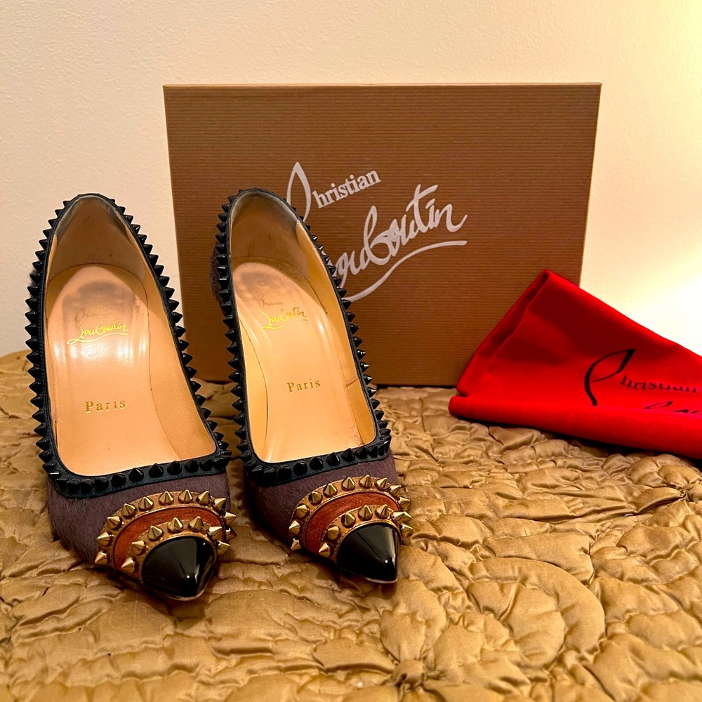 Christian Louboutin Studded Mixed-media Pump MALABAR HILL 100 Size 37.5